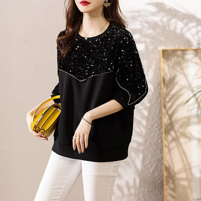 Stitching Sequins Slimming And Fashionable Elegant Air Cotton Sweater Black - Shop at LoveMi