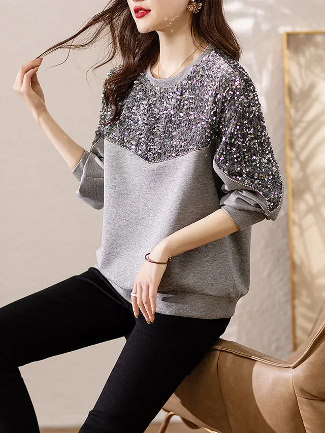 Stitching Sequins Slimming And Fashionable Elegant Air Cotton Sweater Gray - Shop at LoveMi
