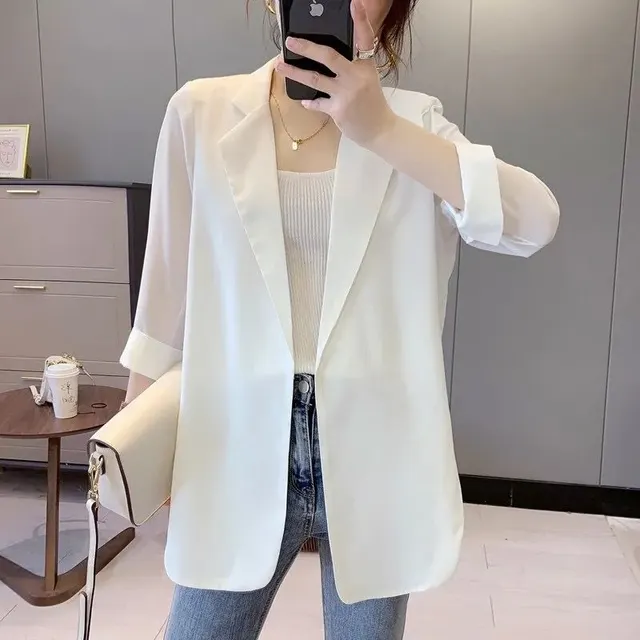 WomenLoose Sunscreen Clothes Mid length Air Conditioning Cardigan Chiffon Small Suit Jacket White - Shop at LoveMi