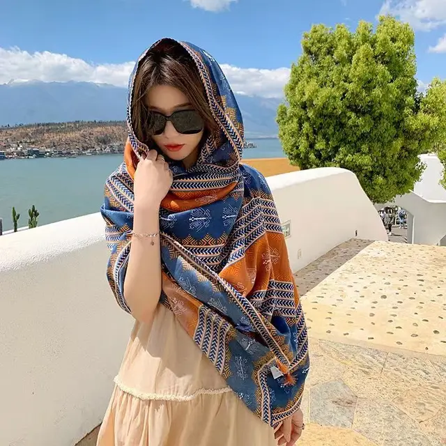 Women's Ethnic Style Shawl Sun Protection Twill Cotton Tassel Scarf 67 Deciduous Style - Shop at LoveMi