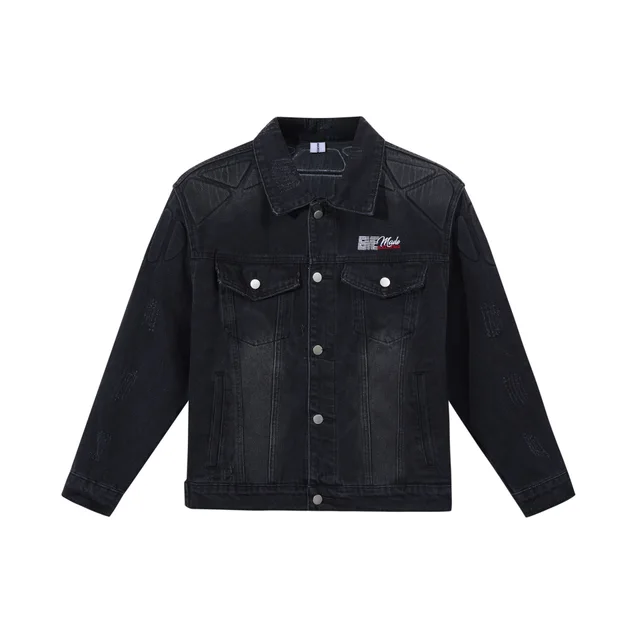 High Street Embroidery Washed And Worn Armor Stitching Denim Jacket Coat Black - Shop at LoveMi