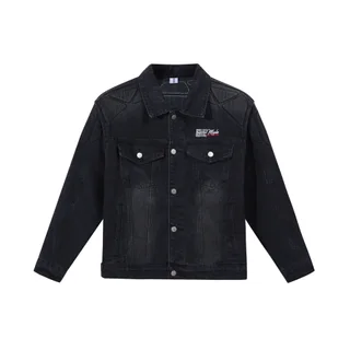 High Street Embroidery Washed And Worn Armor Stitching Denim Jacket Coat - Black