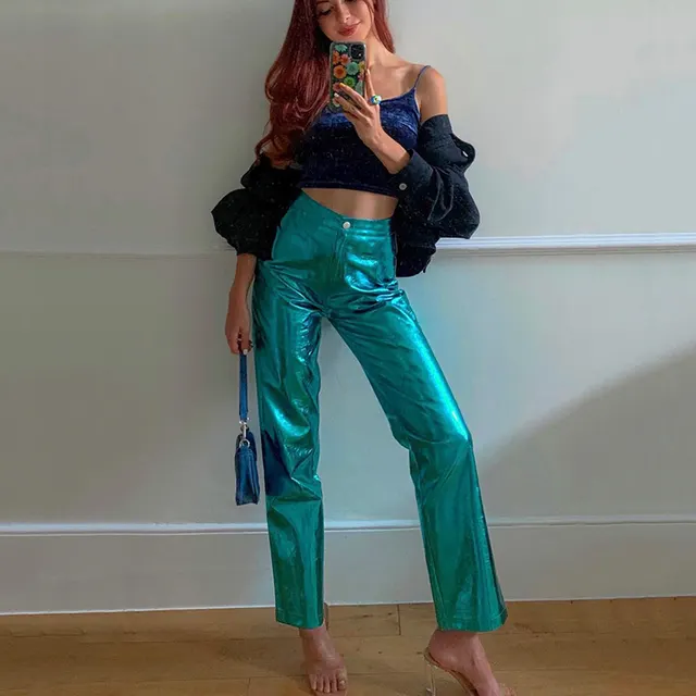 European And American Leisure Silver PU Leather Female Bell bottom Pants Green - Shop at LoveMi