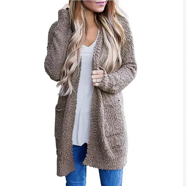 Knitwear Solid Color Fleece Double Pocket Cardigan Sweater Coffee - Shop at LoveMi