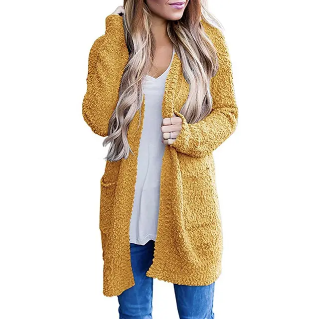 Knitwear Solid Color Fleece Double Pocket Cardigan Sweater Yellow - Shop at LoveMi