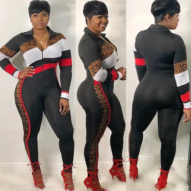 Fashion Women's Wear Casual Sports Jumpsuit Printed Patchwork Long Sleeves 1 Black - Shop at LoveMi