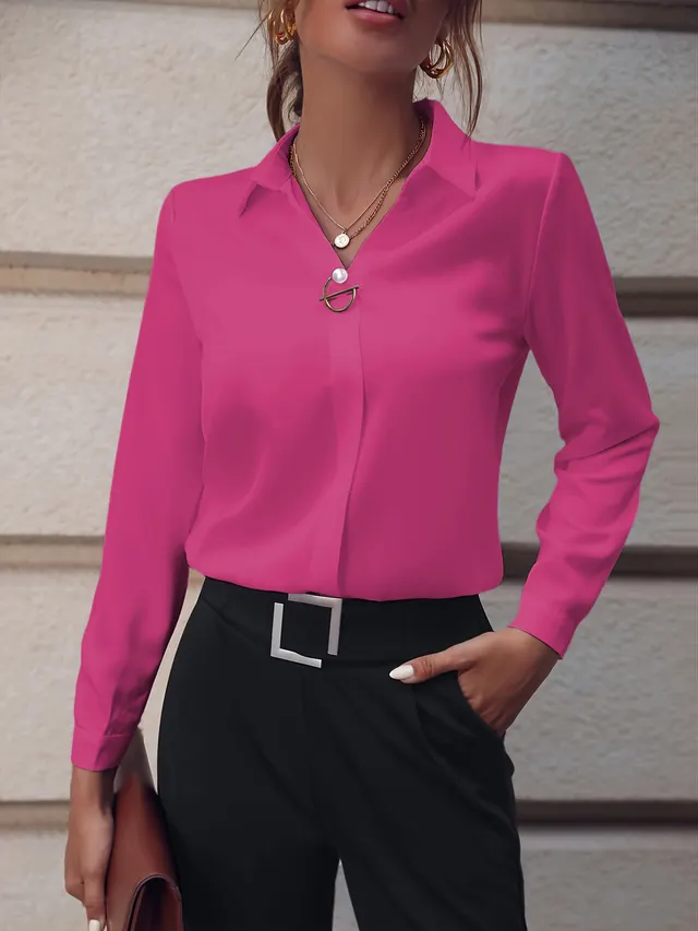 Commuter V neck Long sleeved Shirts Ins Fashion Solid Color Pullover Top Autumn And Spring Women's Clothing Rose Red - Shop at LoveMi