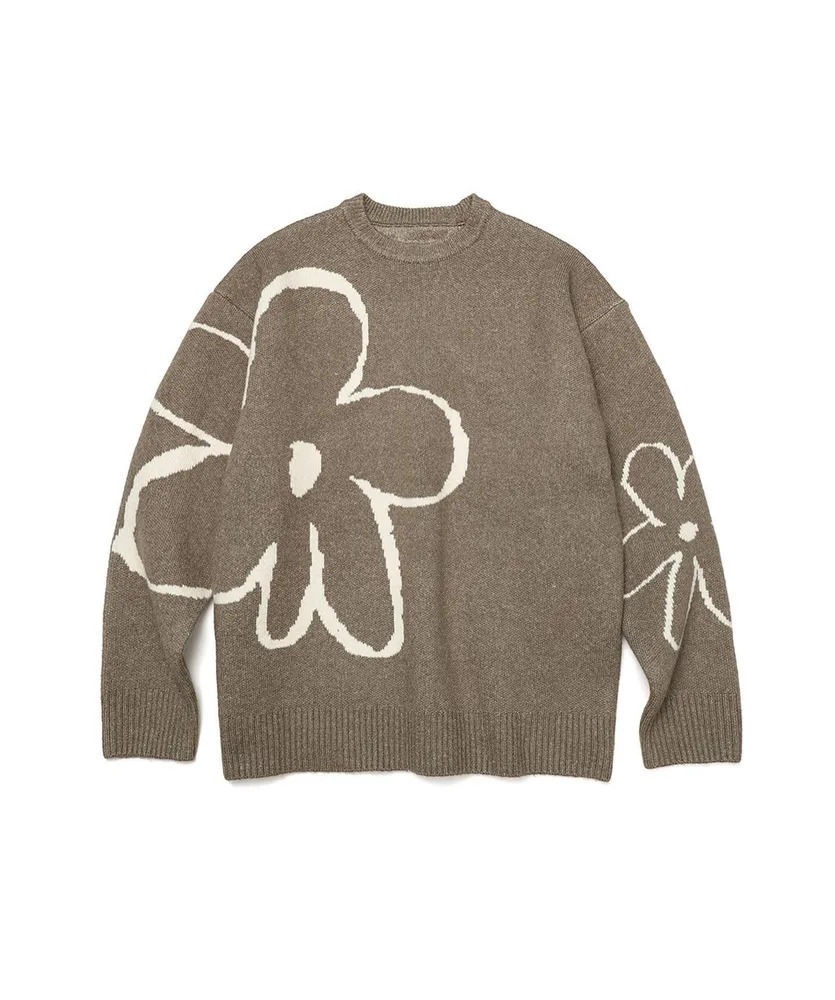 Black And White Round Neck Loose Oversized Sweater Khaki - Shop at LoveMi