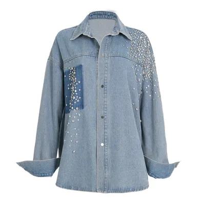Irregular Washing Loose Denim Shirt Jacket Water Blue - Shop at LoveMi
