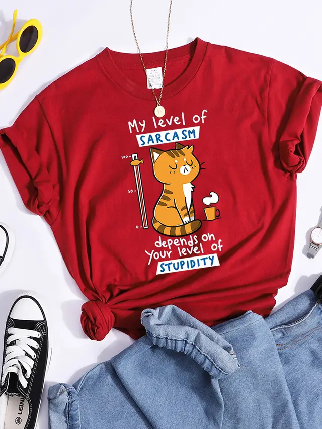 Pattern T shirt Fashionable Printed Fashion Loose T shirt Cat Kf8416 Red - Shop at LoveMi