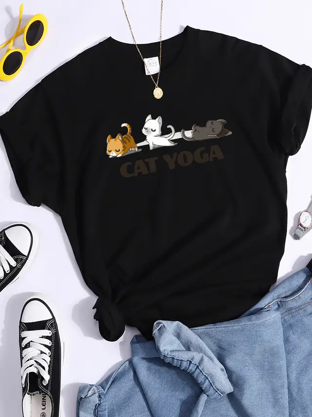 Pattern T shirt Fashionable Printed Fashion Loose T shirt Cat Kf8421 Black - Shop at LoveMi