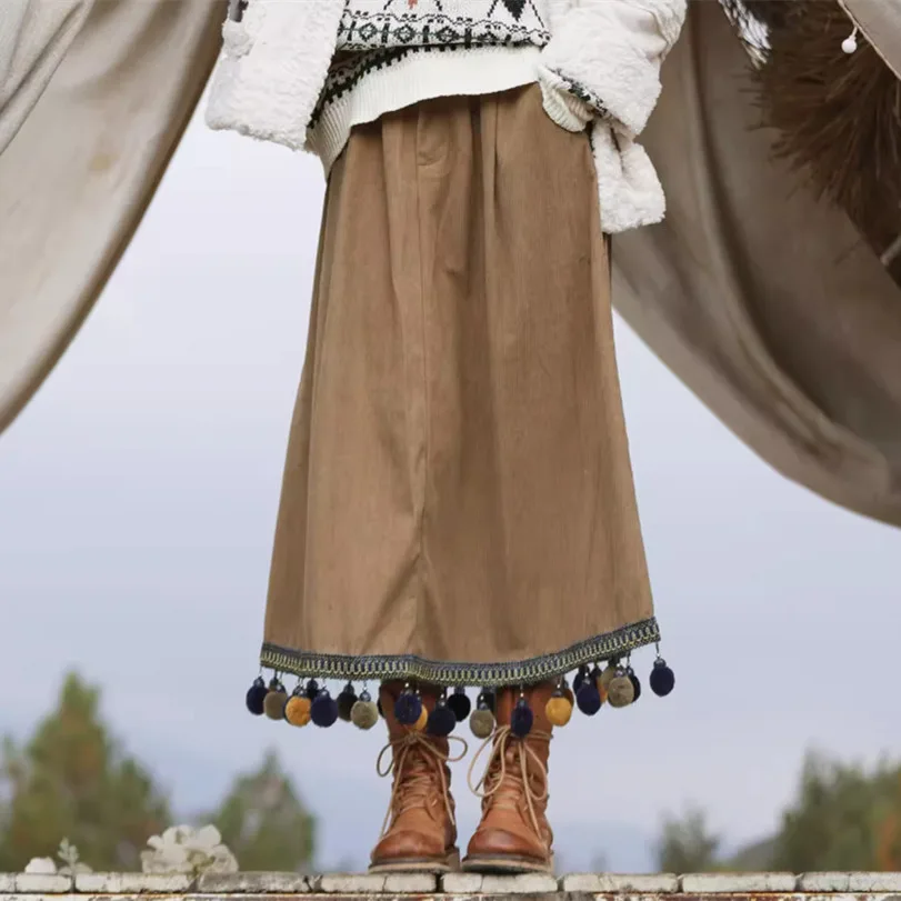 Corduroy Ethnic Style Fur Ball Stitching Brown High Waist Tassel Versatile Midi Skirt Coffee Color - Shop at LoveMi