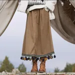 Corduroy Ethnic Style Fur Ball Stitching Brown High Waist Tassel Versatile Midi Skirt - Coffee Color