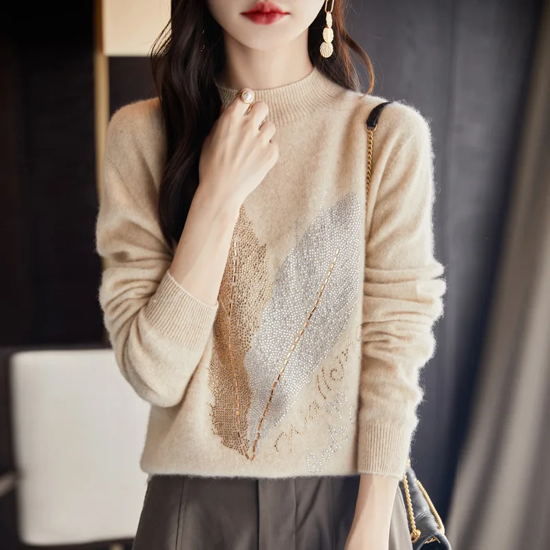 Half Turtleneck Rhinestone Sweater Pullover Inner Wear Sweater Raw Velvet Rice S - Shop at LoveMi