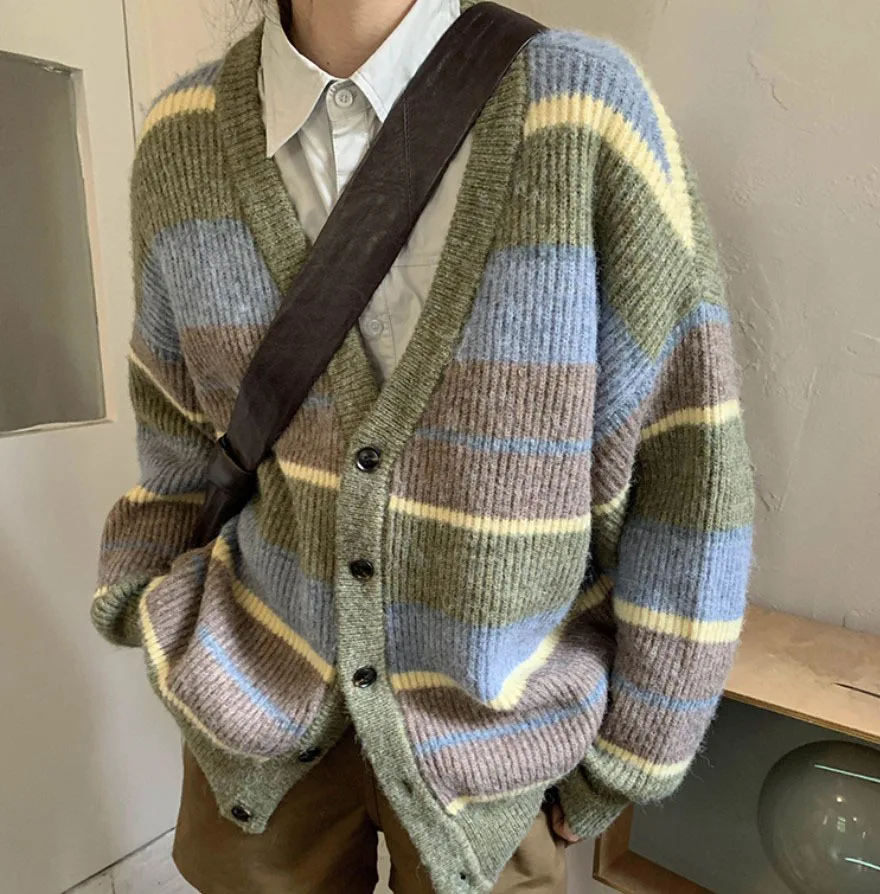 V neck Japanese Lazy Style Retro Striped Sweater Coat Women Green - Shop at LoveMi