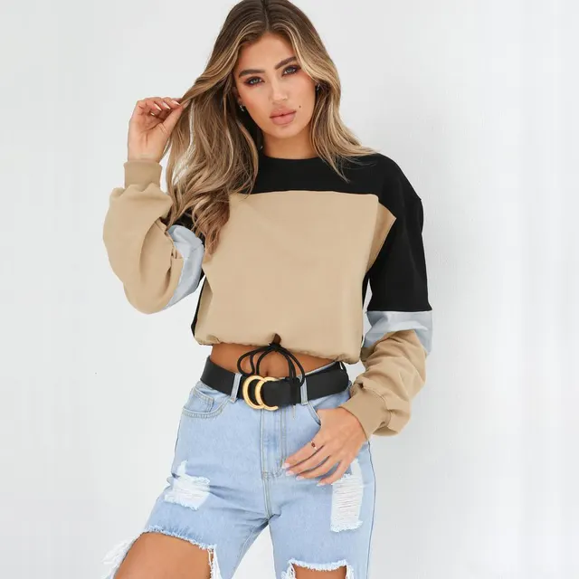 Autumn Patchwork Round Neck Lace up Sweater Khaki - Shop at LoveMi