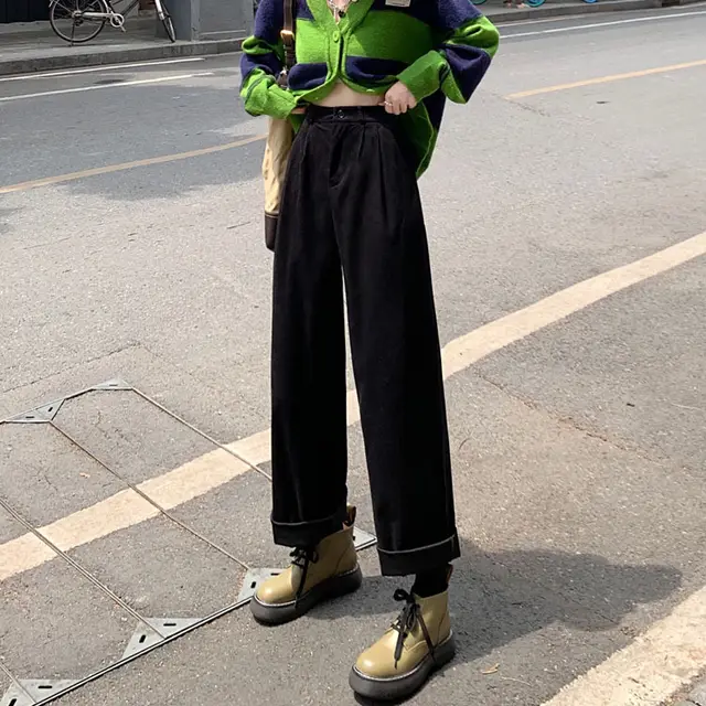 High Waist Slimming Corduroy Wide leg Casual Pants Women Black - Shop at LoveMi