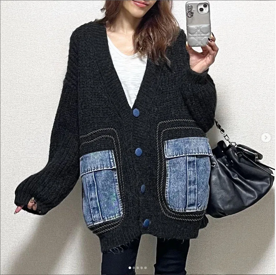 Women's Patchwork Denim Thick Sweater Coat Black - Shop at LoveMi