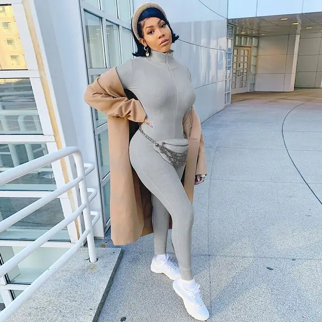 Women's Zipper Stretch Turtleneck And Embroidered Slim Fit Fitness Jumpsuit Yoga Suit Gray Long - Shop at LoveMi