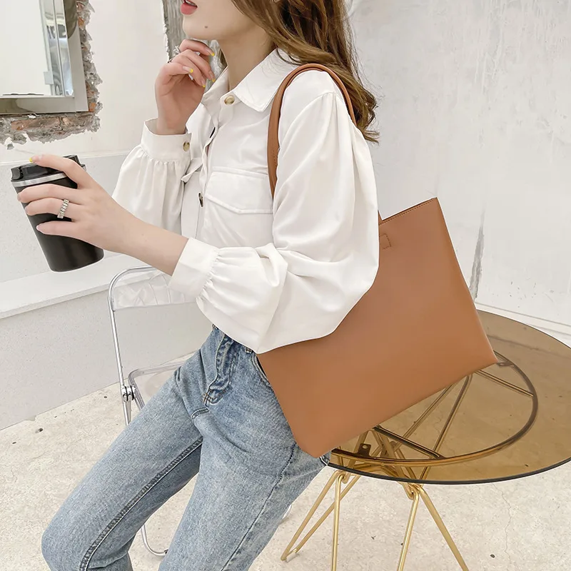 Tote Large Capacity Simple Big Bag Commuter Portable Shoulder Bag Brown - Shop at LoveMi