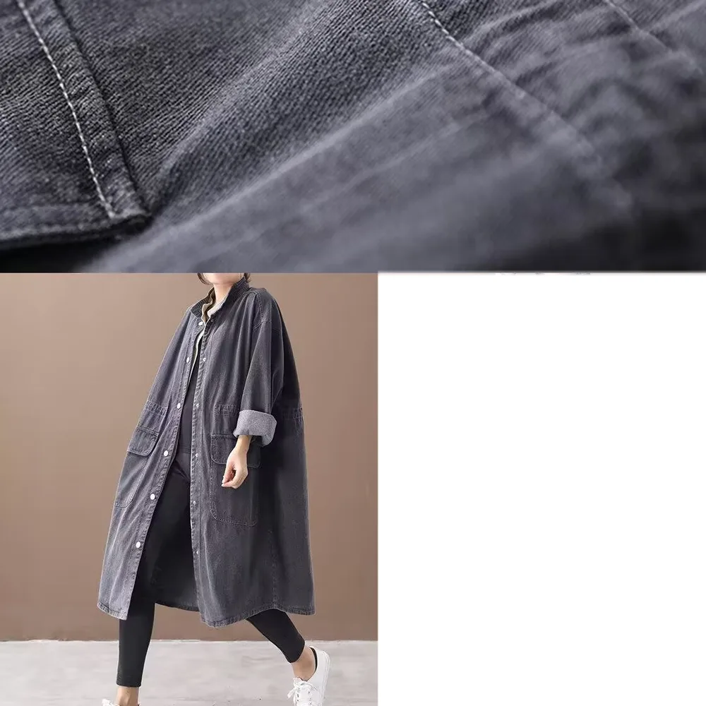 Fashionable Versatile Slimming Denim Shirt Dress Korean Style Elegant Style Vintage Single breasted Coat Black - Shop at LoveMi