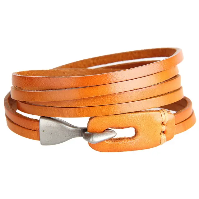 Retro Leather Bracelet 3 ring Winding Leather Hand Strap Hook Wrist Strap Metal Hook Buckle Orange - Shop at LoveMi