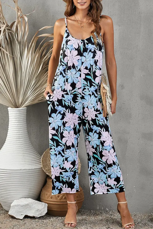 Flowers Print Suspender Jumpsuit With Pockets Spring Summer Fashion Round neck Overalls For Womens Clothing Light Green - Shop at LoveMi
