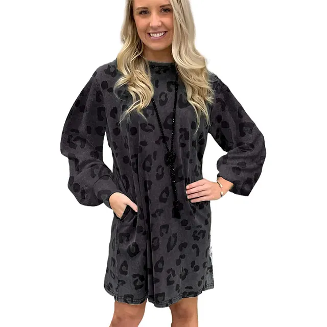 Women's Autumn Leopard Print Pocket Sweatshirt Dress Lc25314412 Gray - Shop at LoveMi