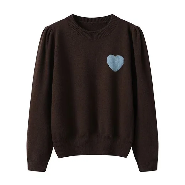Korean Style Heart Embroidered Round Neck Sweater Brown - Shop at LoveMi