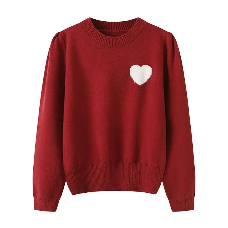 Korean Style Heart Embroidered Round Neck Sweater - Red