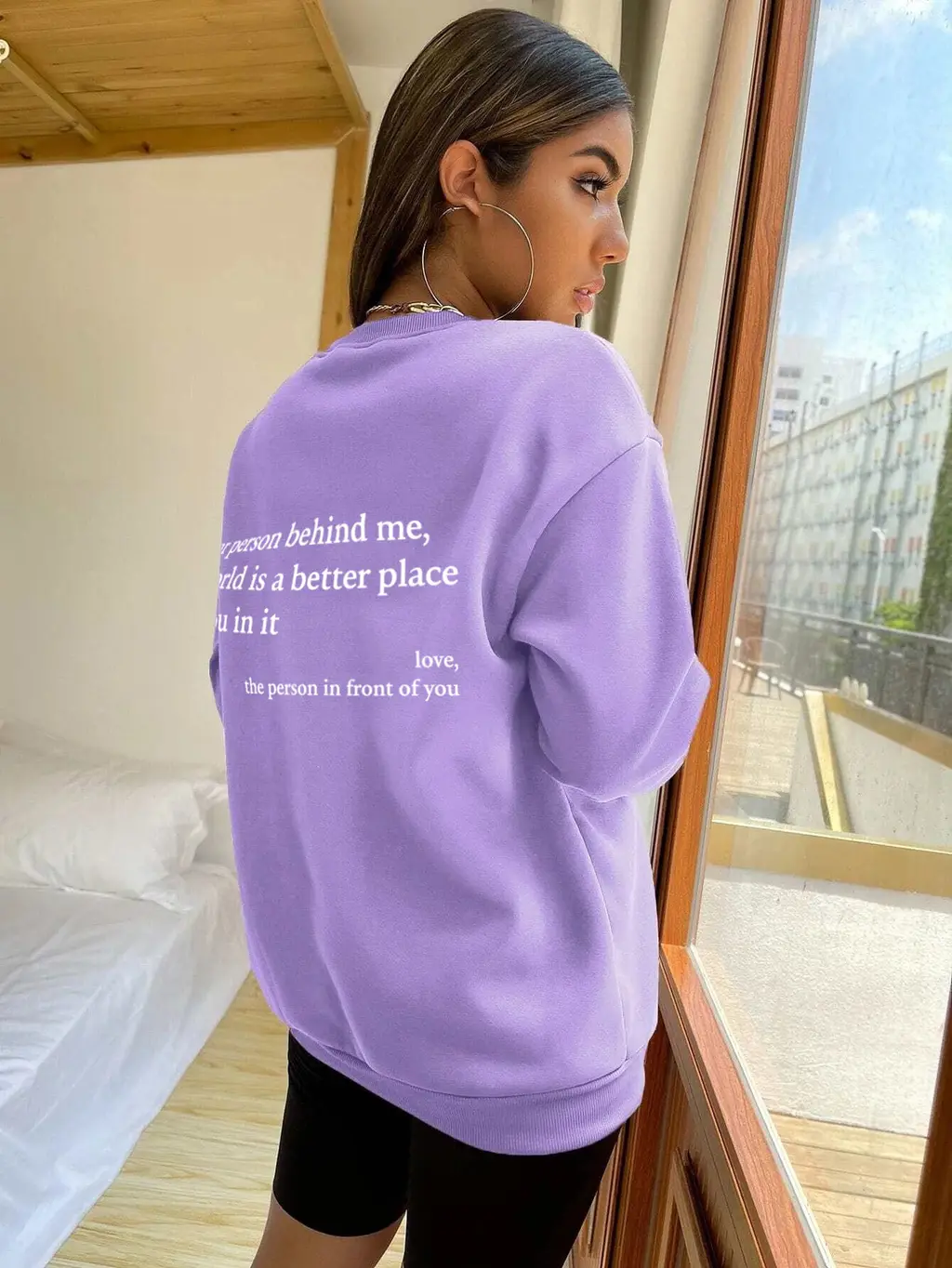 Women's Fleece-lined Crew Neck Sweater Plain Slogan Printing Simple And Comfortable Solid Color - Purple