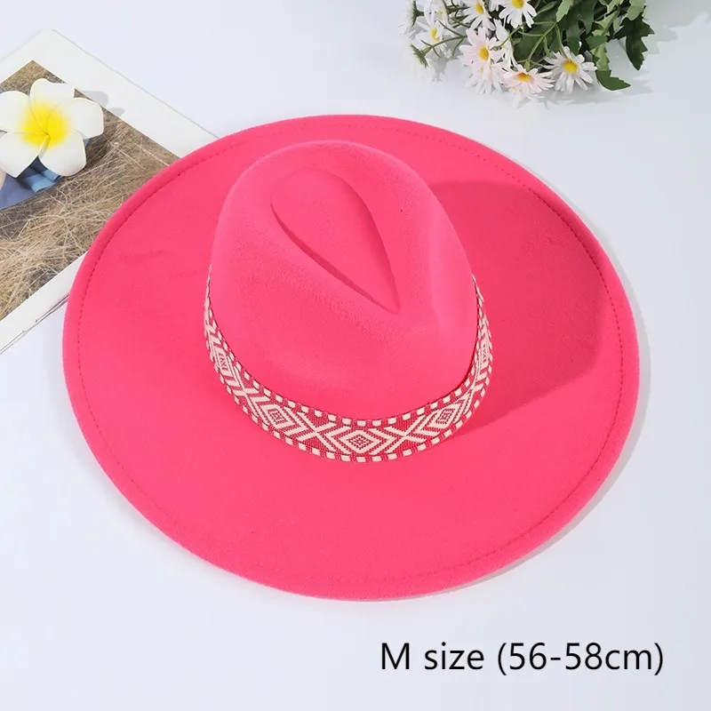 European And American Panama Big Brim Imitation Wool Felt Jazz Denim Top Hat - Rose Red