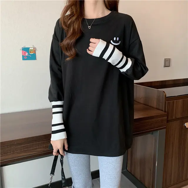 Women's Loose Design Mid length Print Innerwear Bottoming Shirt Top T shirt Black - Shop at LoveMi