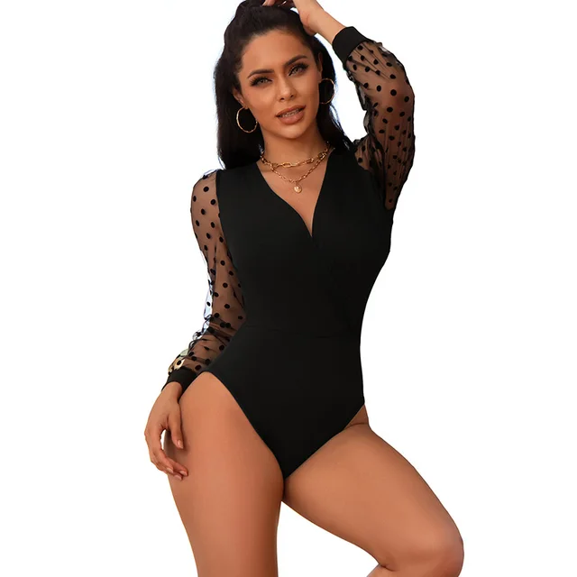 Women's Long sleeved Polka Dot Deep V Jumpsuit Bottoming Shirt R81084 Jumpsuit - Shop at LoveMi
