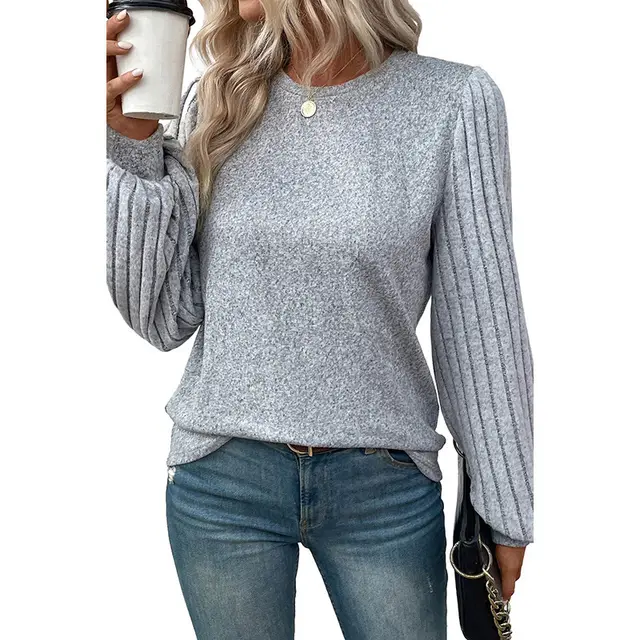 New Solid Color Simple T shirt Female Spring Thread Sunken Stripe Long Sleeve Pullover Top Gray - Shop at LoveMi