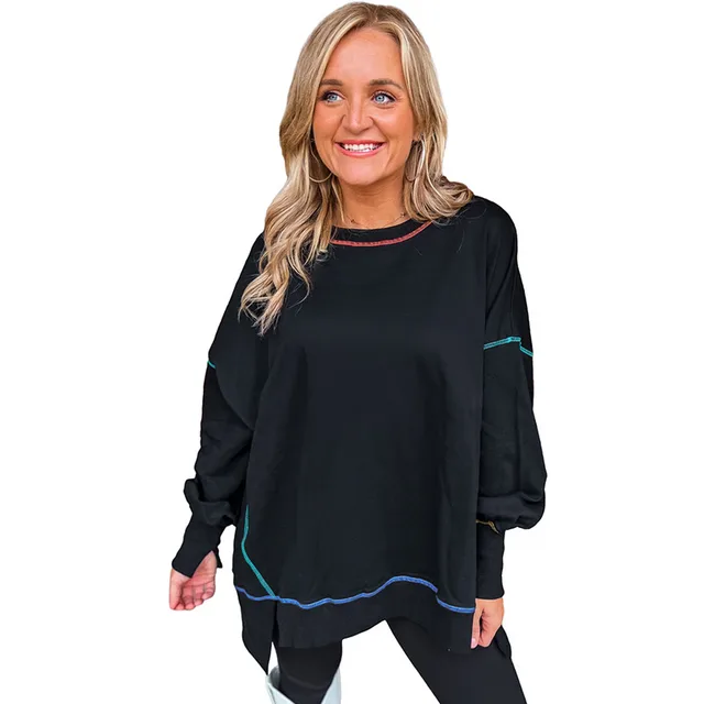 Leisure Loose Pullover Sweatershirt Spring And Autumn New Fashion Colorblock Long sleeved Top Black - Shop at LoveMi