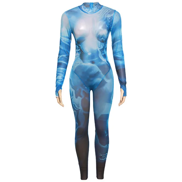 Women's Fashion 3D Printing Tight High Waist Slim Fit Bodysuit Blue - Shop at LoveMi