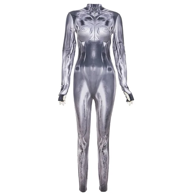 Women's Fashion Casual Long Sleeve Digital Printing Slim Fit High Top Sports Jumpsuit Gray - Shop at LoveMi