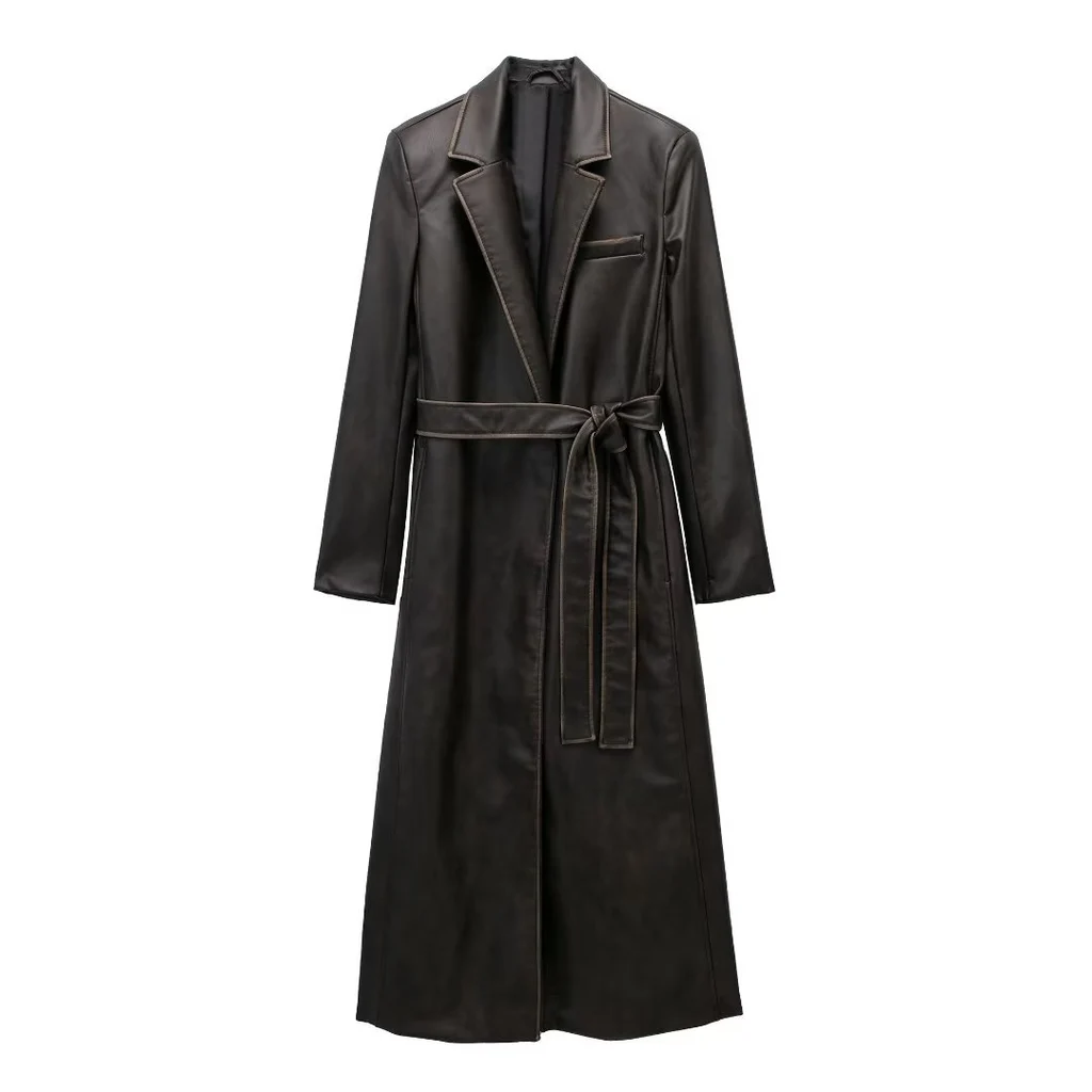 Autumn Leather Effect Belt Coat - View 1