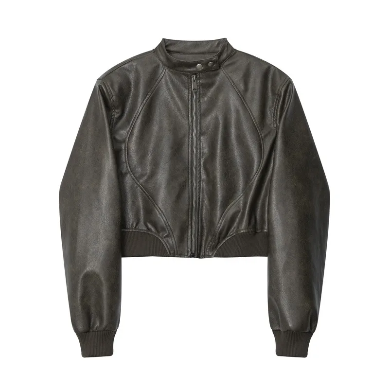 HeyHenry American Fashion Stand Collar Long Sleeve Short PU Leather Short Jacket Gray - Shop at LoveMi