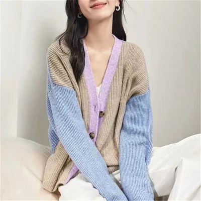 Spring And Autumn V neck Loose Knitted Cardigan Women's Coat Sweater Purple - Shop at LoveMi