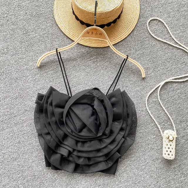 Pure Flower Camisole Women's Summer Hot Girl Short Top Black - Shop at LoveMi