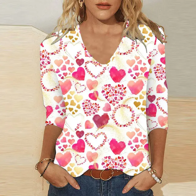 3d Digital Printing Valentine's Day Heart Printing Women's Cute Casual Loose V neck 34 Sleeves T shirt Vqfxch0850 - Shop at LoveMi