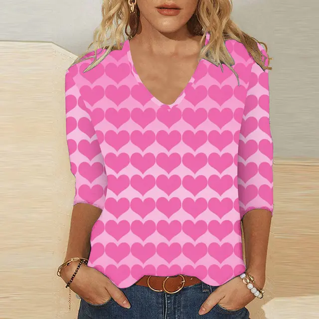 3d Digital Printing Valentine's Day Heart Printing Women's Cute Casual Loose V neck 34 Sleeves T shirt Vqfxch0859 - Shop at LoveMi