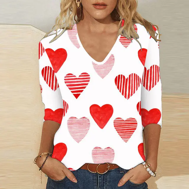 3d Digital Printing Valentine's Day Heart Printing Women's Cute Casual Loose V neck 34 Sleeves T shirt Vqfxch0861 - Shop at LoveMi