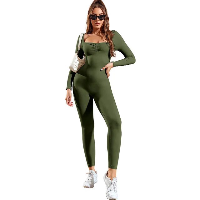 Pure Color Tight Yoga Bodysuit Women's Long sleeved Sports Cropped Trousers Women Green - Shop at LoveMi