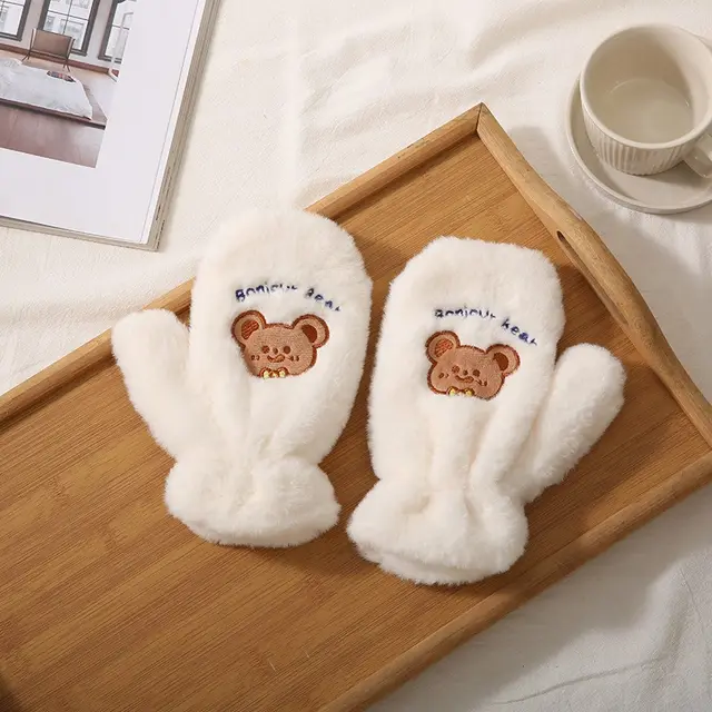 Cartoon Versatile Fleece lined Warm Gloves White Bear Style - Shop at LoveMi