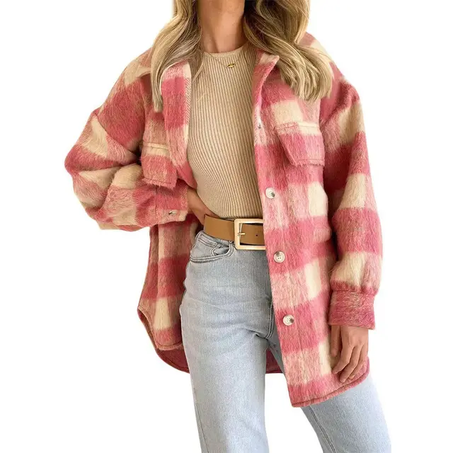 European And American Autumn And Winter Woolen Plaid Mohair Long sleeved Coat Pink - Shop at LoveMi