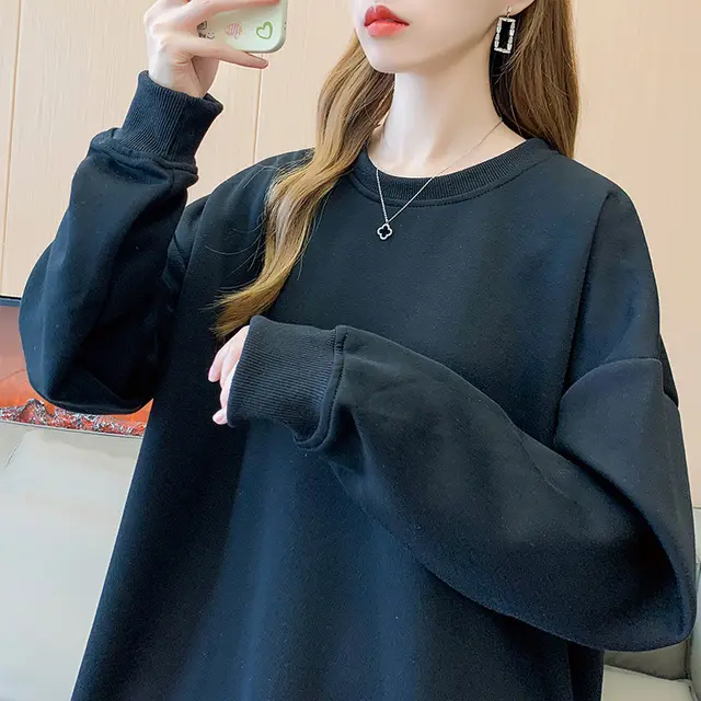 Women's Solid Color Round Neck Plus Size Loose Sweater Black - Shop at LoveMi