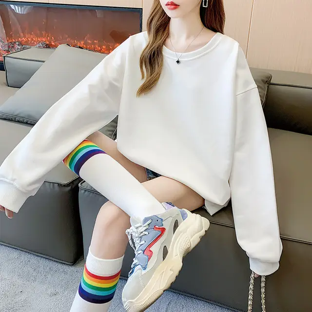 Women's Solid Color Round Neck Plus Size Loose Sweater White - Shop at LoveMi